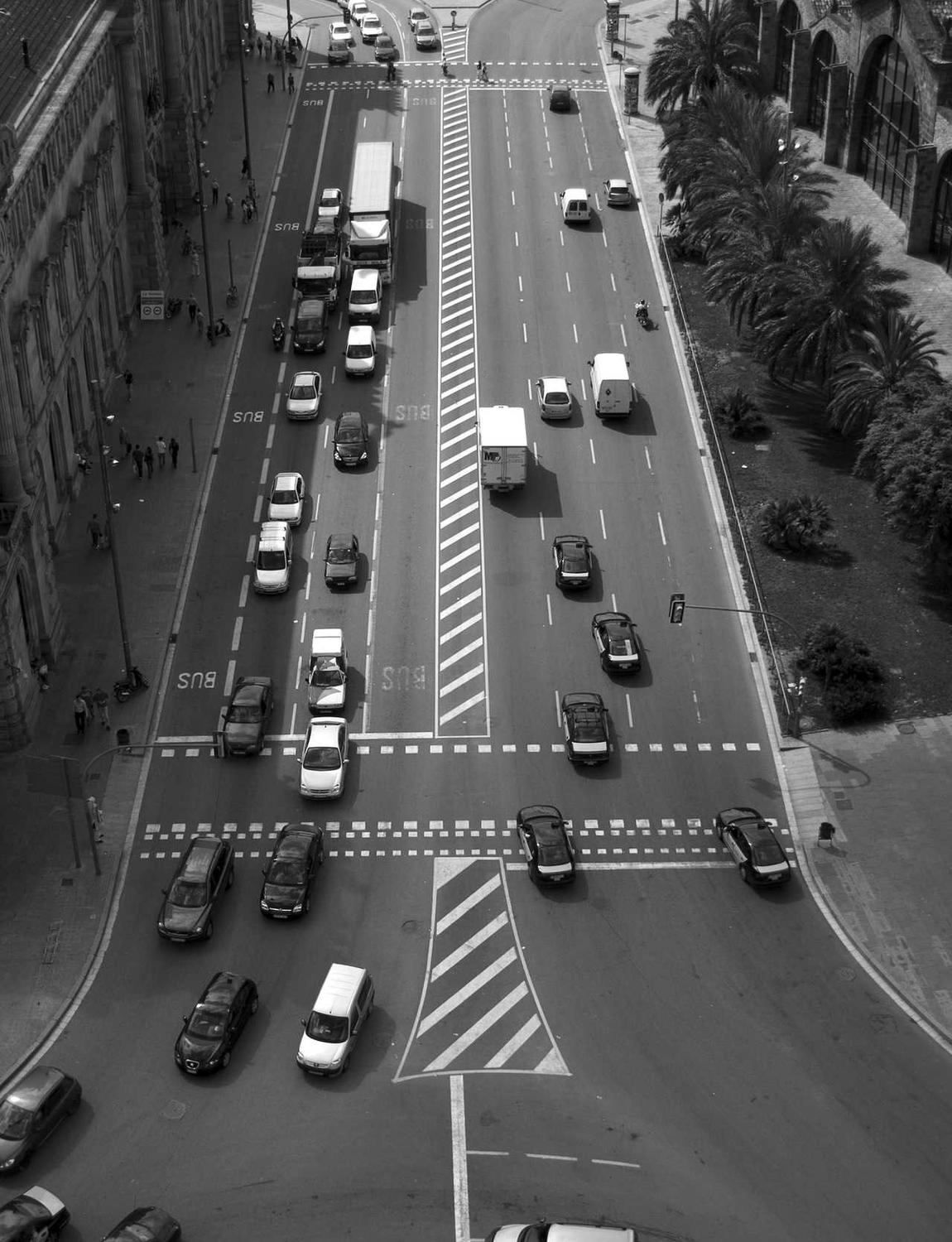 Black and white aerial view of a busy junction